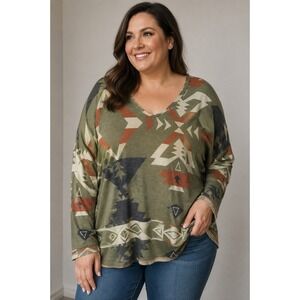 Now N Forever Southwestern Geometric V-Neck Top Olive Green 2X T3713-AZ